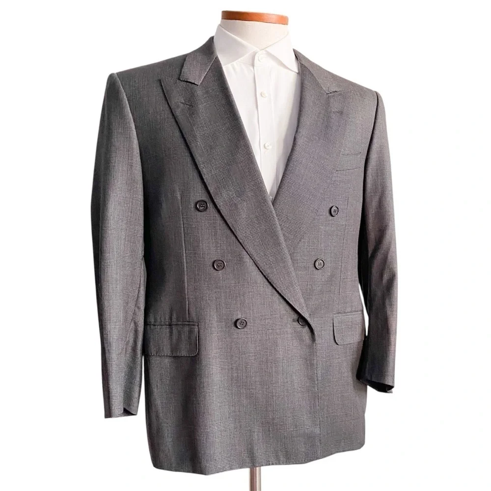Canali Wool Gray Double Breasted Houndstooth Check Blazer Tuxedo Sport Coat 52S